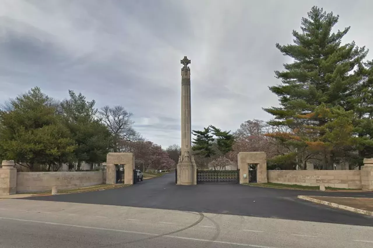 Calvary Cemetery & Mausoleum 5239 West Florissant Avenue The "Ghost on the Hill" at Calvary Cemetery is one paranormal tale that has endured for years. It's said that often when driving by Calvary Cemetery if you look up you will see a ghost standing on top of a hill on the southeast corner overlooking the road. Photo credit: screengrab from Google Maps