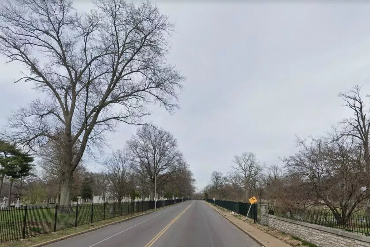 Calvary Avenue the road between Calvary Cemetery and Bellefontaine Cemetery This is where you can find one of the most notorious ghosts in town: Hitchhike Annie. Discribed as a woman with long dark hair and wearing a white dress, Annie is said to flag you down for a ride, only to disappear once she gets into your car. Photo credit: screengrab from Google Maps
