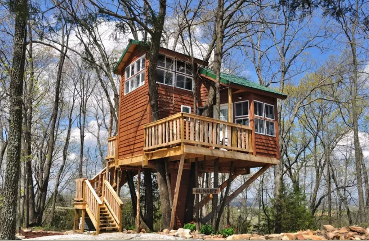 The Sunset Tree House The Cottage 1185 Hwy H Hermann, MO 65041 573-486-4300 Love wine? Then you may want to take your tree house adventure in Hermann, home of Missouri's wine country. The Sunset Tree House is located at The Cottage, which offers event space and lodging accommodations. Here you'll enjoy beautiful views, as well as hot breakfast each morning at 9 a.m. Photo courtesy of The Cottage.