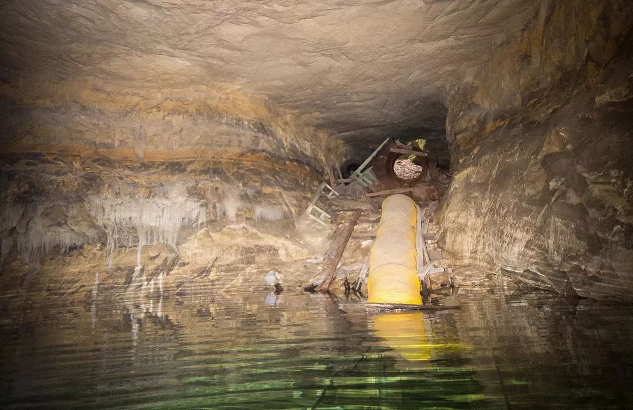 This opening once vented diesel fumes and rock dust from the silica mining operation.