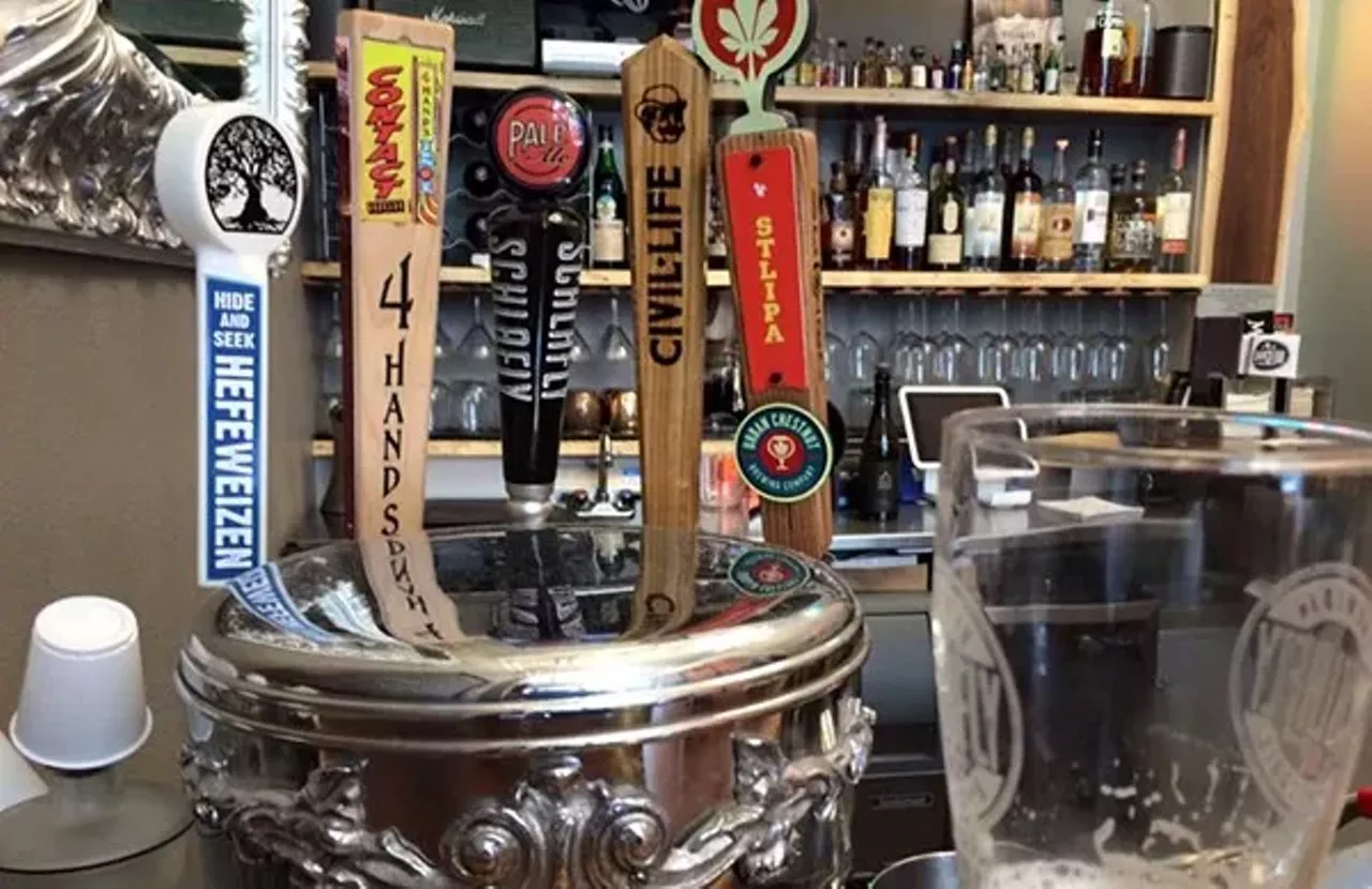 Tiny Bar 1008 Locust St St. Louis, MO 63101 Bars can be big, small, narrow, wide, even two stories. But most bars don&#146;t make their fun size their raison d'etre like Tiny Bar. The RFT's Best New Bar of 2015 sits on on Locust Street, in the lobby of the PR/marketing firm Elasticity, and is only 250 square feet ... in total. In fact, it's easy to miss if you're not paying attention. The small size also carries over to the bar's motif, with a mural honoring pint-size St. Louis Brown (for a minute) Eddie Gaedel. There are only approximately ten seats in the entire bar, give or take a few out on the sidewalk in front. Early bird gets the seat. --Text by Kavahn Mansouri, image courtesy of Tiny Bar