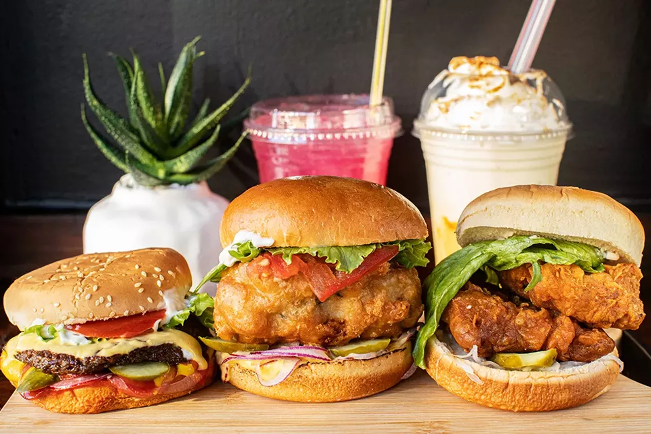  12oh7 Herban Eatery Pictured: The Merican Burger, Deluxe Phish Sammich and the OG Chickun Sammich.