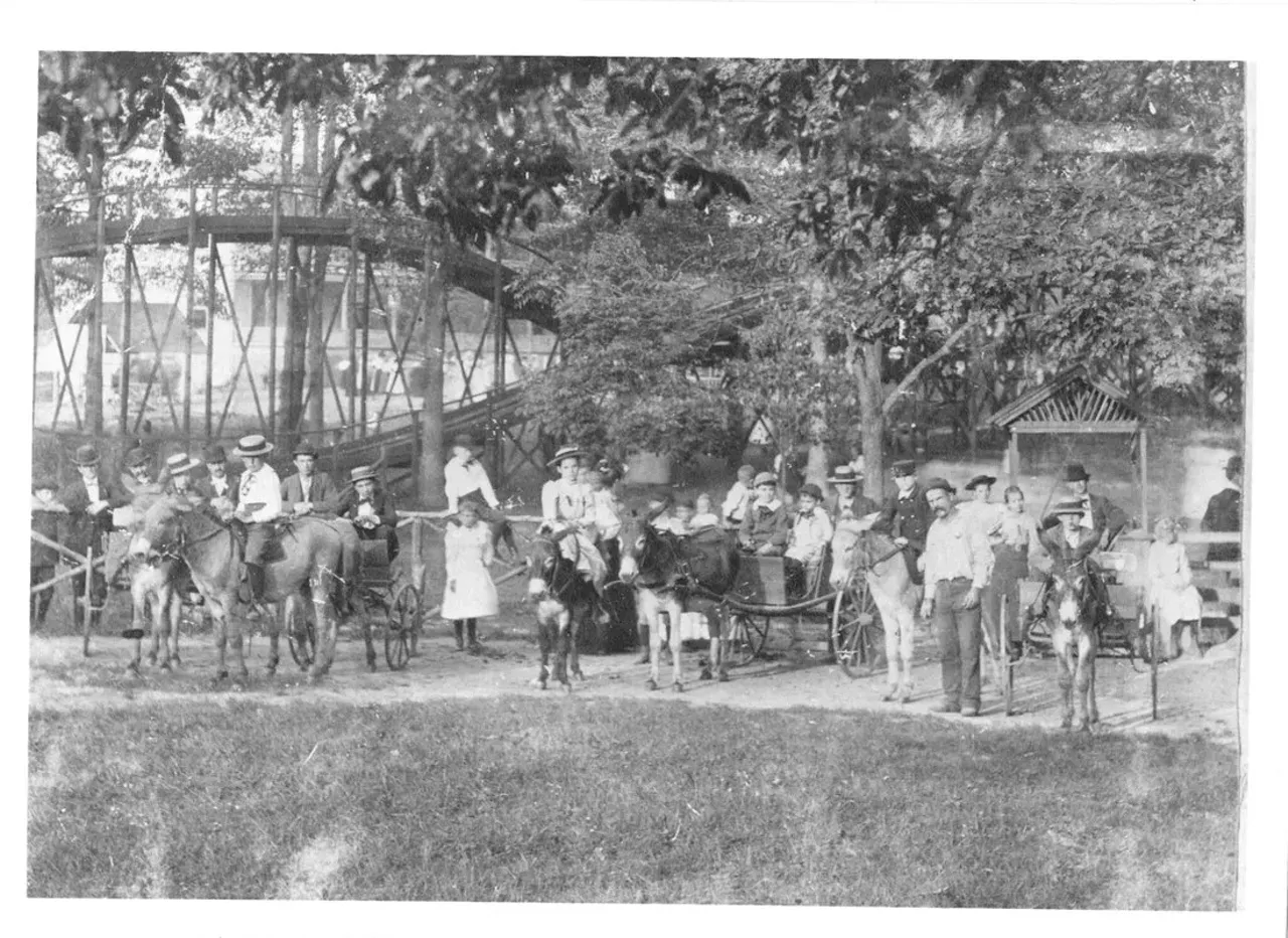 Montesano Springs Park Kimmswick, MO (Closed in 1918)Built near famed mineral springs, this park boasted a hotel and restaurant, a dance pavilion, a lake, a merry-go-round, and more. According to the state archives, "Kids line up for donkey rides at Montesano Park, an early theme park in Missouri. The Switchback gravity-powered roller coaster is visible in the background."