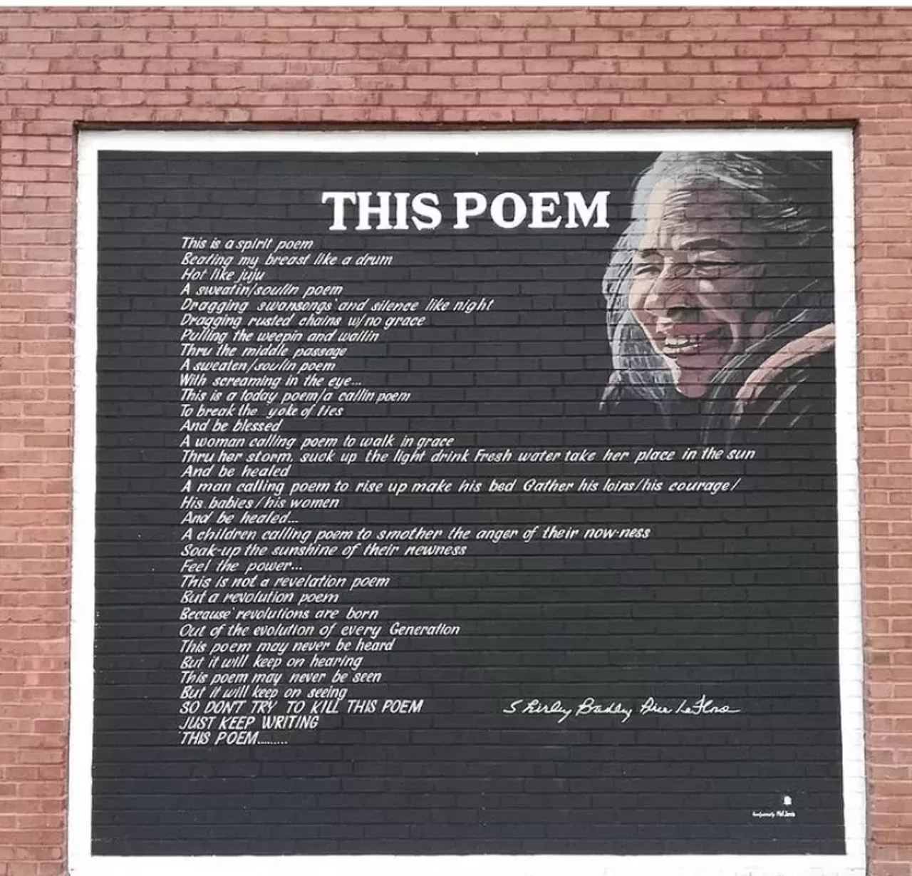 &#148;This Poem&#148; Downtown St. Louis (3301 Washington Avenue) Art by Phil Jarvis and High Low Cafe. This poem is written by Shirley Bradley Price LeFlore, the late St. Louis Poet Laureate emeritus. Photo credit: Tracy Jane Weidel / @muralsofstlouis on Instagram