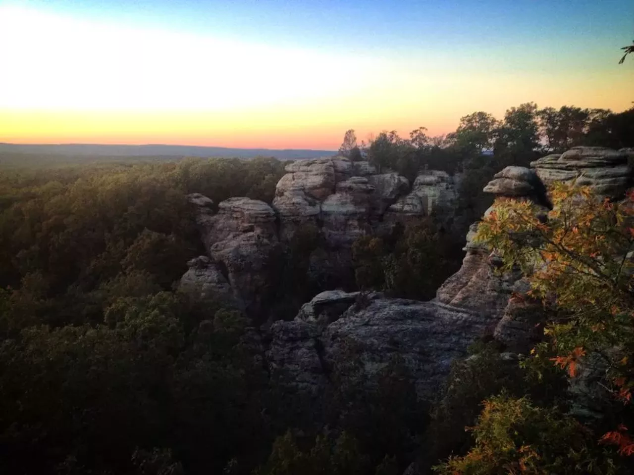 Garden of the Gods 745, Garden of Gods Herod, IL 62947 Estimated drive time: 2 hours, 35 minutes (Directions here) Deep in the heart of Shawnee National Forest sits a hidden gem called Garden of the Gods. Just a short walk from this cliff-side vista are the best primitive campgrounds in these parts. A handful of the campgrounds have stunning views perfect for watching the sunset. If you're more of a cabin type, there are treehouse cabins at Timber Ridge, closer to wine country. Photo by Kelly Glueck.