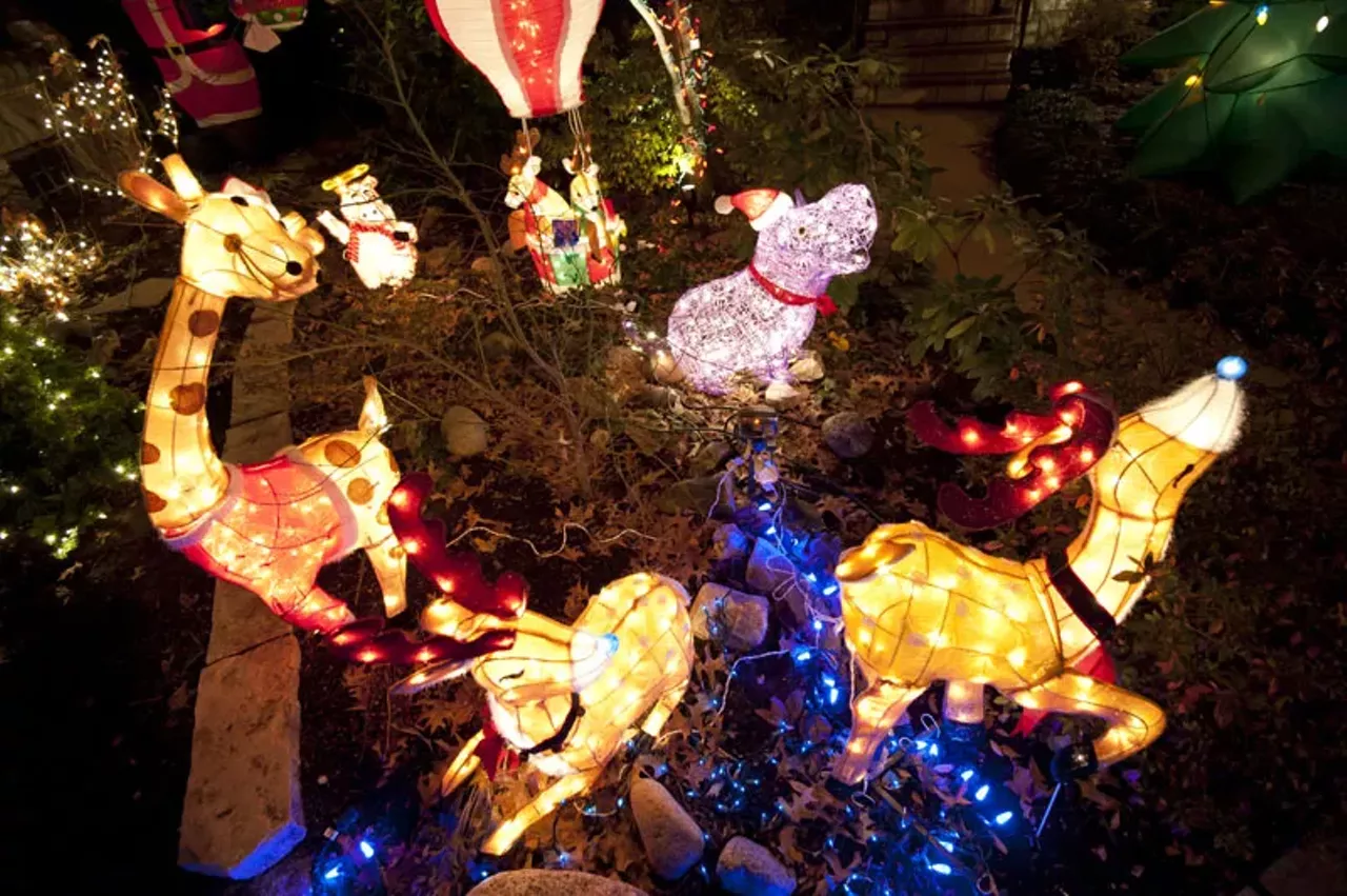 Christmas decorations in front of houses on "Snowflake Street."