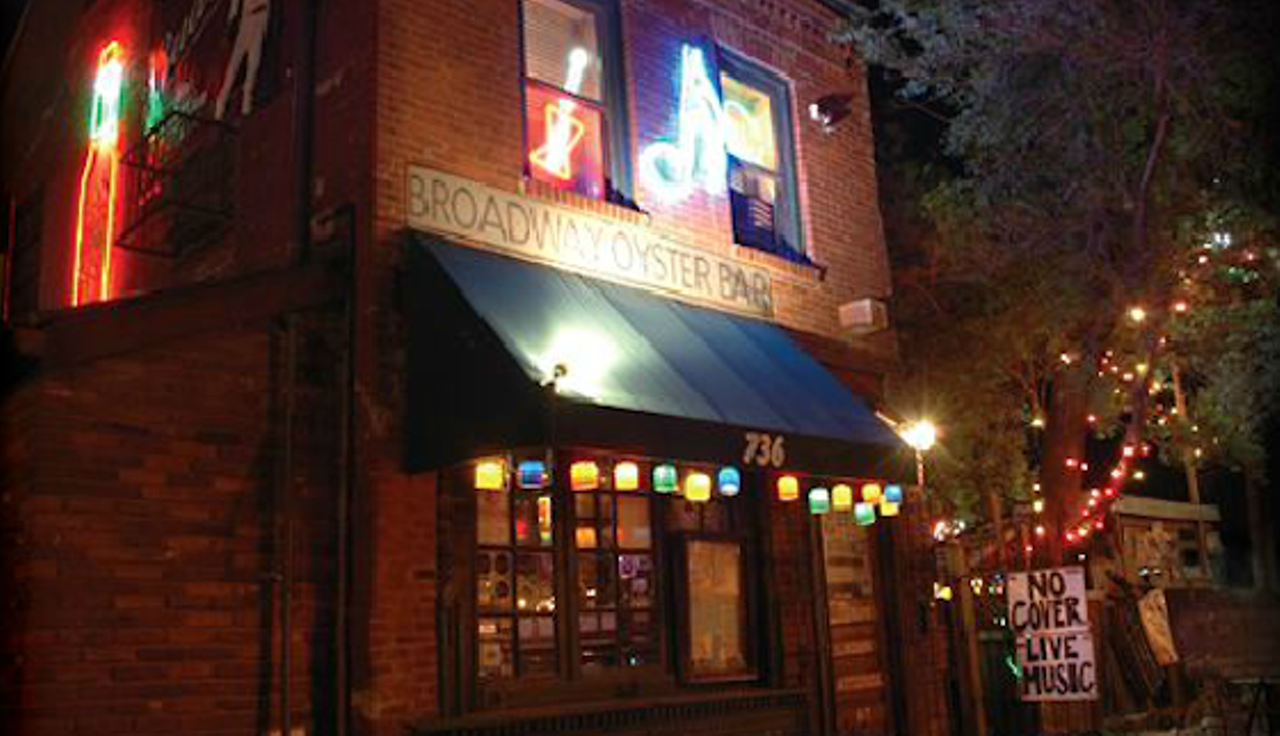 Broadway Oyster Bar (736 S. Broadway; 314-621-8811) The final third of the so-called "Broadway blues triangle," the Broadway Oyster Bar offers tasty New Orleans-style cuisine alongside a mix of local and touring acts playing blues, soul, funk, zydeco and reggae, seven nights a week. Though the indoor seating space is charmingly claustrophobic, a tented and heated outdoor patio offers room to stretch out in all but the most severe winter-weather conditions. The Monday-night jam sessions, hosted by perennial local favorites Soulard Blues Band, are a long-running staple.