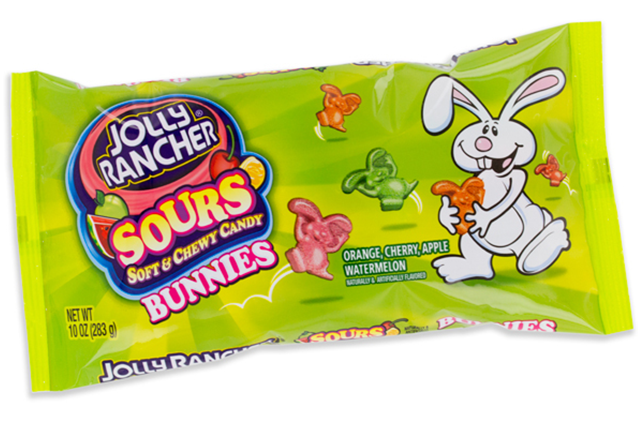 Jolly Rancher Sour Bunnies Departing from the more traditional chocolate rabbit, tick-shaped Jolly Rancher Sour Bunnies come in four classic Jolly Rancher flavors: orange, cherry, apple and watermelon, and promise to "get your taste buds hopping." While they definitely do taste like chewy, tart takes on classic Jolly Ranchers, we tried them and found them wanting. If we're going to eat a bunny, it had better be chocolate -- and preferably filled with delicious yet unidentified "cream" or caramel. Jolly Rancher Sour Bunnies might offer a different taste experience, but the small, amorphous lumps hardly pass as holiday mascots, and are certainly nothing to look forward to on Easter Sunday. They leave our tongues feeling like sandpaper and do nothing to satisfy our sugar-craving. However much these sour space-wasters might be "jumping with sour goodness," we secretly hope that they hop into a stranger's candy basket, or maybe just off a cliff.