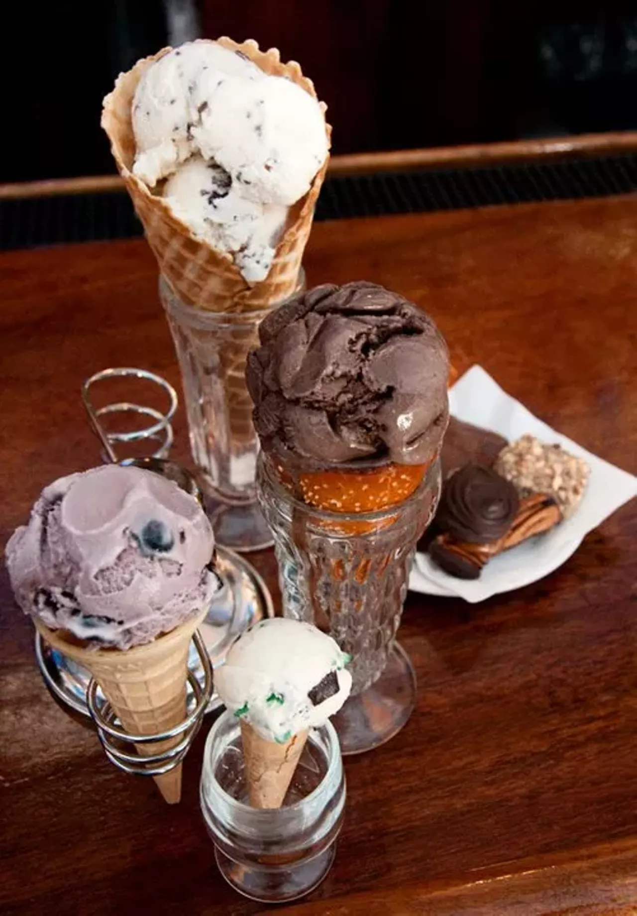 Fountain on Locust (3037 Locust Street; 314-535-7800) Now this is an ice cream parlor, with high ceilings, artsy paint job and decor plus old-fashioned soda fountain, and, most importantly, pretty darn good ice cream. The hot fudge and whipped cream are made in-house; in fact, all toppings are chemical free -- no preservatives, extenders, high fructose corn syrup...or corn syrup at all, for that matter. The ice cream comes from a family dairy in Wisconsin -- the only dairy in the country that employs an aging process. We're, uh, not sure what that means, but we do approve of the results. Kick it up a notch with a "Wicked Martini": vodka, dark cr&egrave;me de cacao and chocolate ice cream. Or an "Orange Dreamsicle" martini: vanilla vodka, triple sec, orange sherbet and vanilla ice cream.