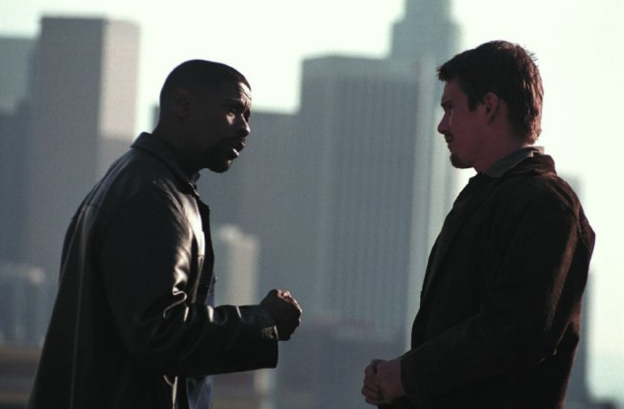 Training Day (2001) The anti-buddy cop film, Antoine Fuqua's Training Day essentially shows Denzel Washington's Detective Alonzo Harris torture and eventually try to kill Ethan Hawke's Jake Hoyt over the course of its two hours. This is one of the rare police-partner films to earn an Academy Award (Washington for Best Actor). We're already suspicious that Washington's Harris is extremely dangerous before he says to Hawke, "Didn't know you liked to get wet, dog."