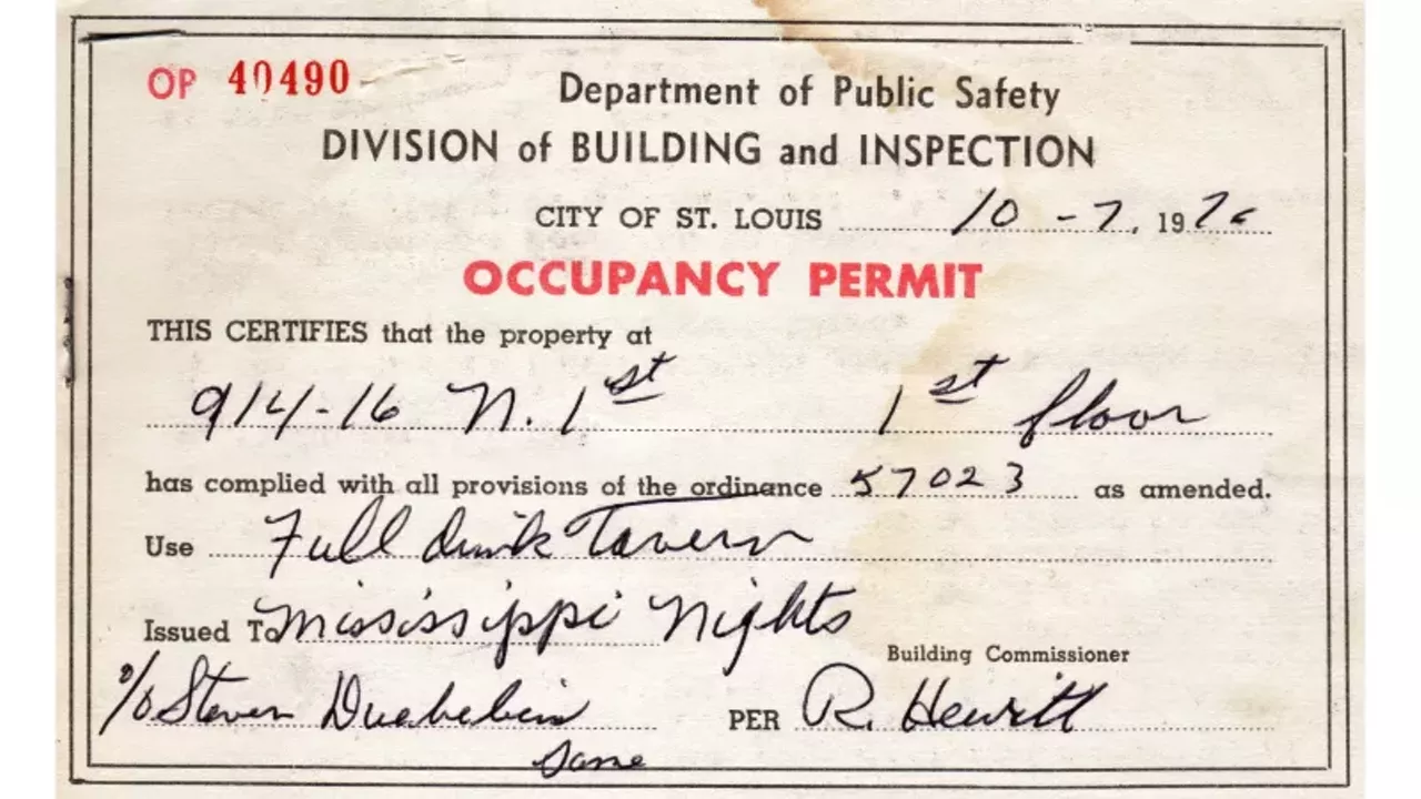 The occupancy permit for Mississippi Nights when it opened in 1976.