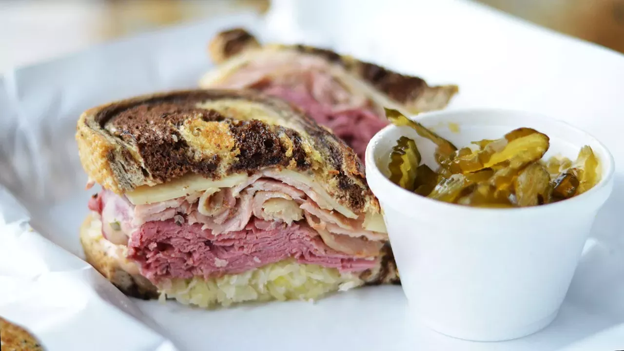 Pastrami sandwich and Fire and Ice Pickles at Dalie's Smokehouse in Valley Park