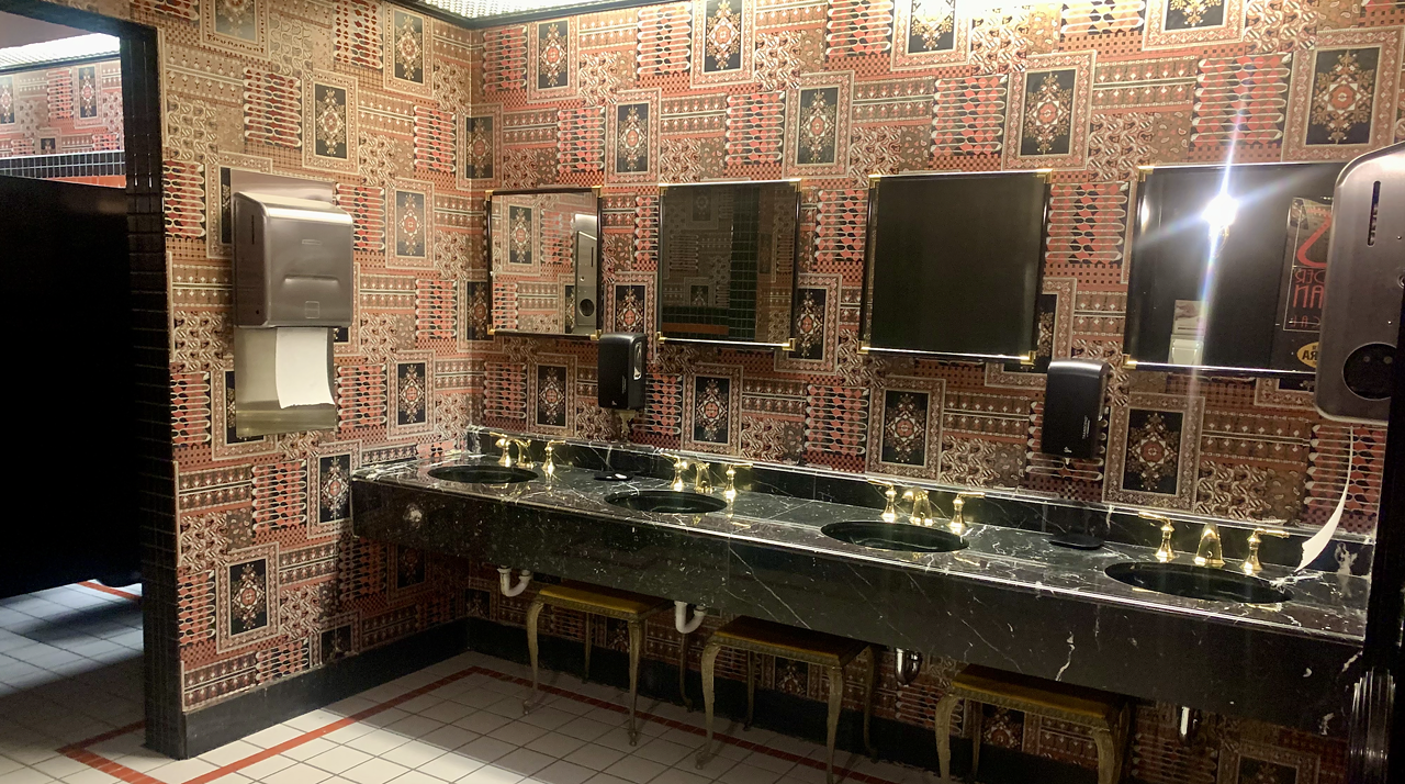 The Fox Theatre The bathrooms at the Fox Theatre (527 North Grand Boulevard) are everything you want them to be — historic and classy. Though it's generally frowned upon to mosey through a theater mid-show to dispatch one's cargo, the bathrooms at the Fox are so nice as to demand it. Especially the bathrooms on the second floor — they're basically a show in themselves. On stage left, you have a generous line of clean stalls separated by a floor-to-floor wall. On stage right, a marble countertop with four sinks, where little stools await underneath — just in case walking your posh ass to the lou was too strenuous of a task.