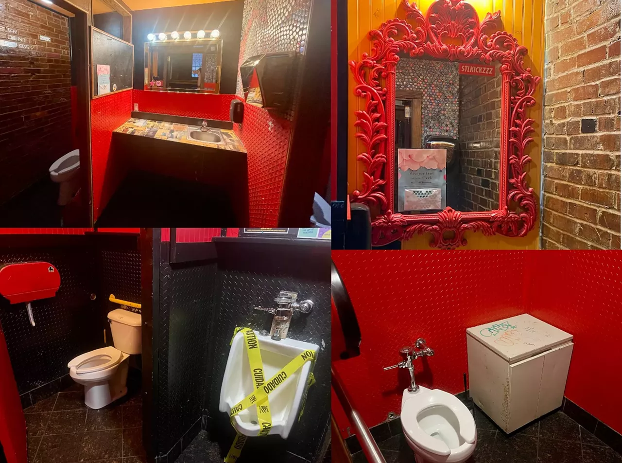 HandleBar The bathrooms at HandleBar (4127 Manchester Avenue) are some of the chillest dive bar bathrooms we’ve seen in a while. They are funky, yet clean. One set of bathrooms are two individual rooms with a vanity covered in different drawings of women separating them and also feature a mirror with Hollywood lighting and tiled walls with hearts. On the other side is a standard bathroom setup — but this side has a hot pink, intricate mirror hanging above the sink and a urinal (which is currently out of order, so watch your aim).