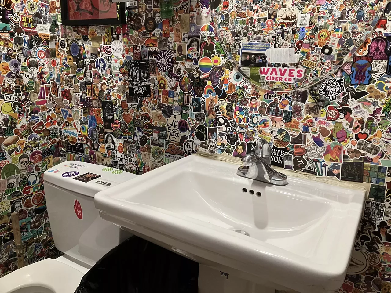 Platypus Stickers, stickers, stickers and more stickers is the only way to describe the bathroom at Platypus (4501 Manchester Avenue). There's even stickers inside the toilet. But even though this bathroom gives off a grungy, pop-punk vibe with its stickered wallpaper, it's still a super clean bathroom, especially compared to its counterparts in the Grove. Another major bonus about this bathroom is the fact that it's a full room giving you complete privacy to do as you please.