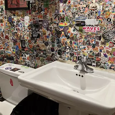 Platypus Stickers, stickers, stickers and more stickers is the only way to describe the bathroom at Platypus (4501 Manchester Avenue). There's even stickers inside the toilet. But even though this bathroom gives off a grungy, pop-punk vibe with its stickered wallpaper, it's still a super clean bathroom, especially compared to its counterparts in the Grove. Another major bonus about this bathroom is the fact that it's a full room giving you complete privacy to do as you please.