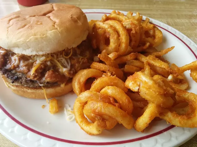 Cheeseburger and curly fries.