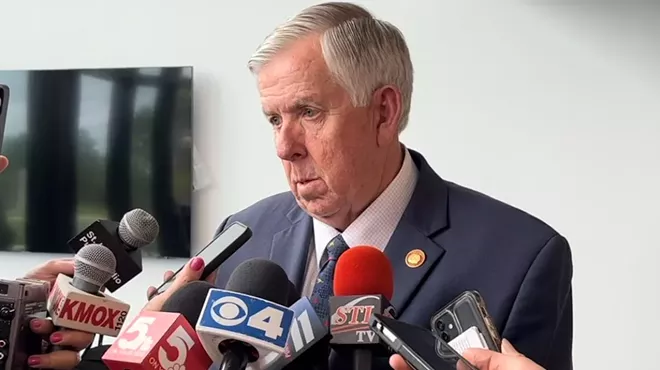 Governor Mike Parson speaking to reporters after Circuit Attorney Kim Gardner announced her resignation.