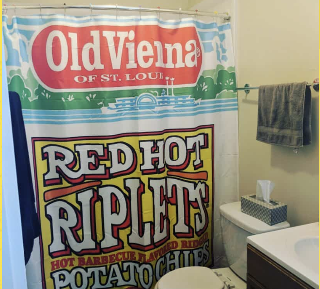 A Red Hot Riplets shower curtain Purchase for $60 online Anybody can use a few bags of St. Louis’ favorite snack chip as a stocking stuffer, but it takes a giver both generous and genial to get their friends a Red Hot Riplets shower curtain. You know you want to be that friend. This is your year to shine. (You can also buy a Red Hot Riplets flag if you prefer to let your taste in snack chips fly.)