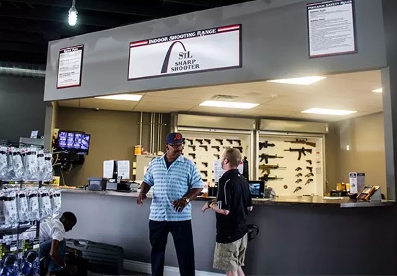Sharpshooter Pit & Grill (8135 Gravois Road, 314-353-4745) For BBQ with a side of shooting range, hit up Sharpshooter Pit & Grill. Here you can eat a smoked brisket sandwich and take some shots at the region's largest indoor shooting range &#151; practically at the same time. Hello, Americuhhh! Photo credit: Mabel Suen