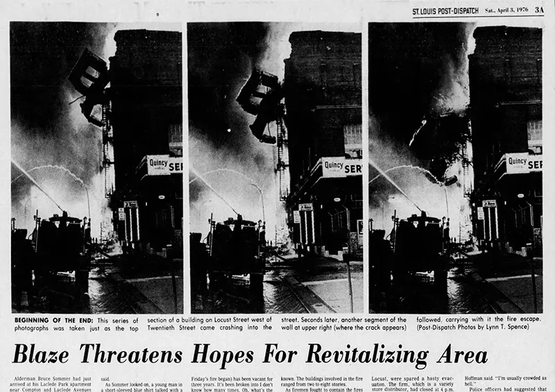 The Post Dispatch coverage 1976 blaze's destruction helped Gualdoni locate those same areas today. - CLIP VIA NEWSPAPERS.COM
