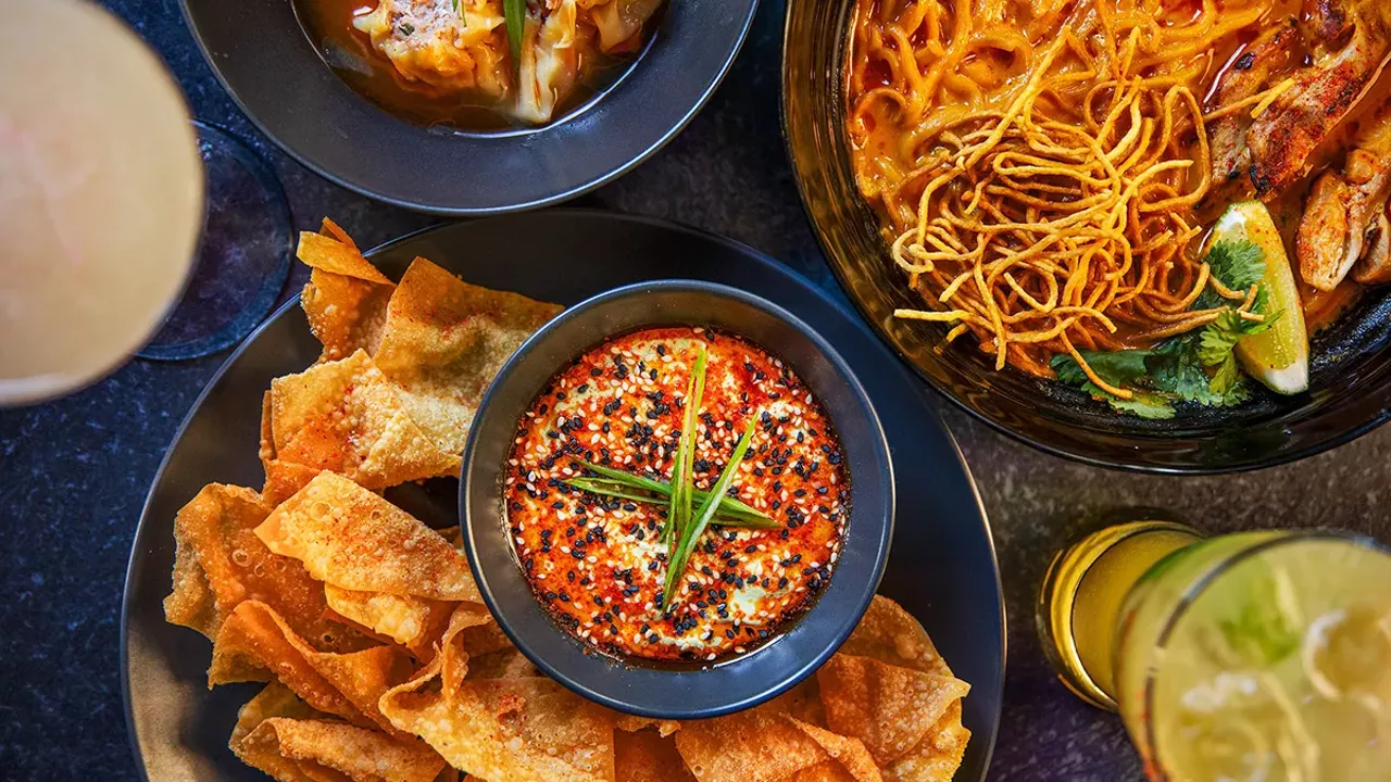 From left clockwise, lychee gimlet cocktail, siu mai, khao soi, Desperado cocktail and edamame “hummus” at Stews Food & Liquor in Soulard