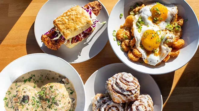 A selection of items from the Biscuit Joint (clockwise from top left): Creole Cam biscuit sandwich, loaded tots, TBJ cinnamon rolls, and two biscuits with mushroom and sage gravy.