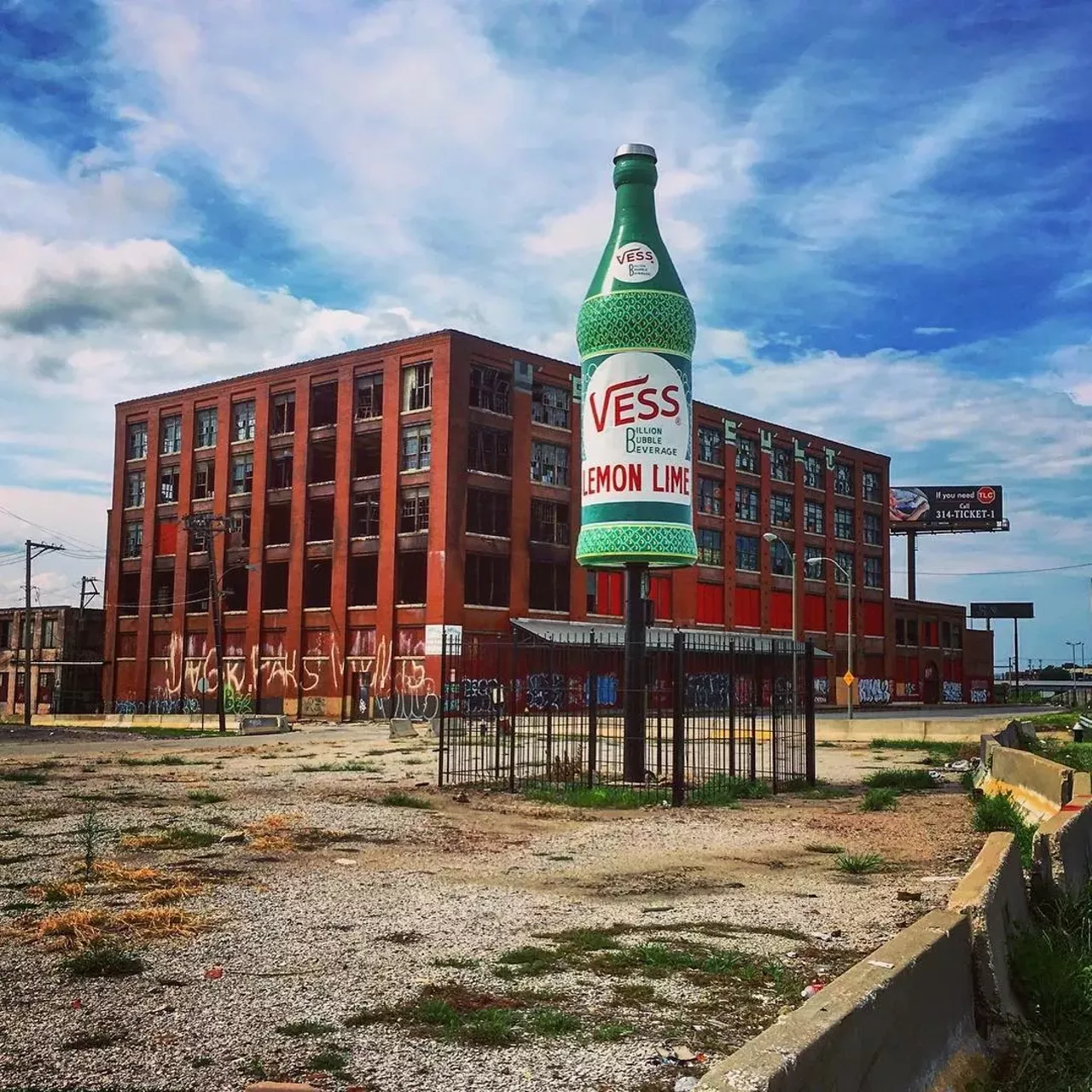Giant Vess Soda Bottle N. 6th St., St. Louis, MO This bottle has traveled around the St. Louis area for years, finally finding a permanent home right near Interstate 70. You ask why. We ask why not? Photo courtesy of marykatelasiter / Instagram