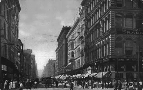 This Used to Be: "Shoe Street USA" Now It's: Washington Avenue Loft District Location: Downtown St. Louis "By 1905," writes Harris, "St. Louis ranked third in the nation in shoe production. ... By 1929, annual production of shows in St. Louis had risen to 87 million pairs. During the 1920s, more shoe trade was carried on along Washington Avenue than on any other street in the world." Today, it's a vibrant residential district -- and a great place to get a cocktail. "Bustling Washington Avenue -- lined with giant dry goods stores, warehouses and shoe factories -- in 1909." Image courtesy of postcard from a private collection. 