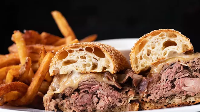 The French dip includes roasted top round of beef, havarti, au jus and pommes frites.