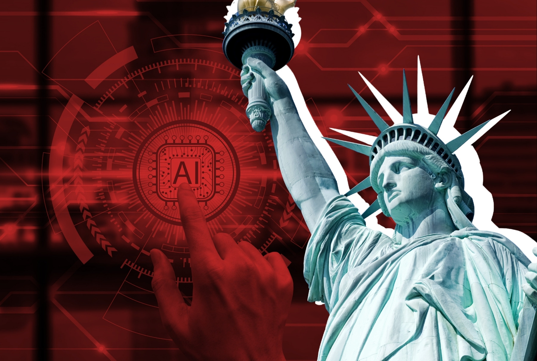Statue of Liberty against a red background with a hand pressing an "AI" button.